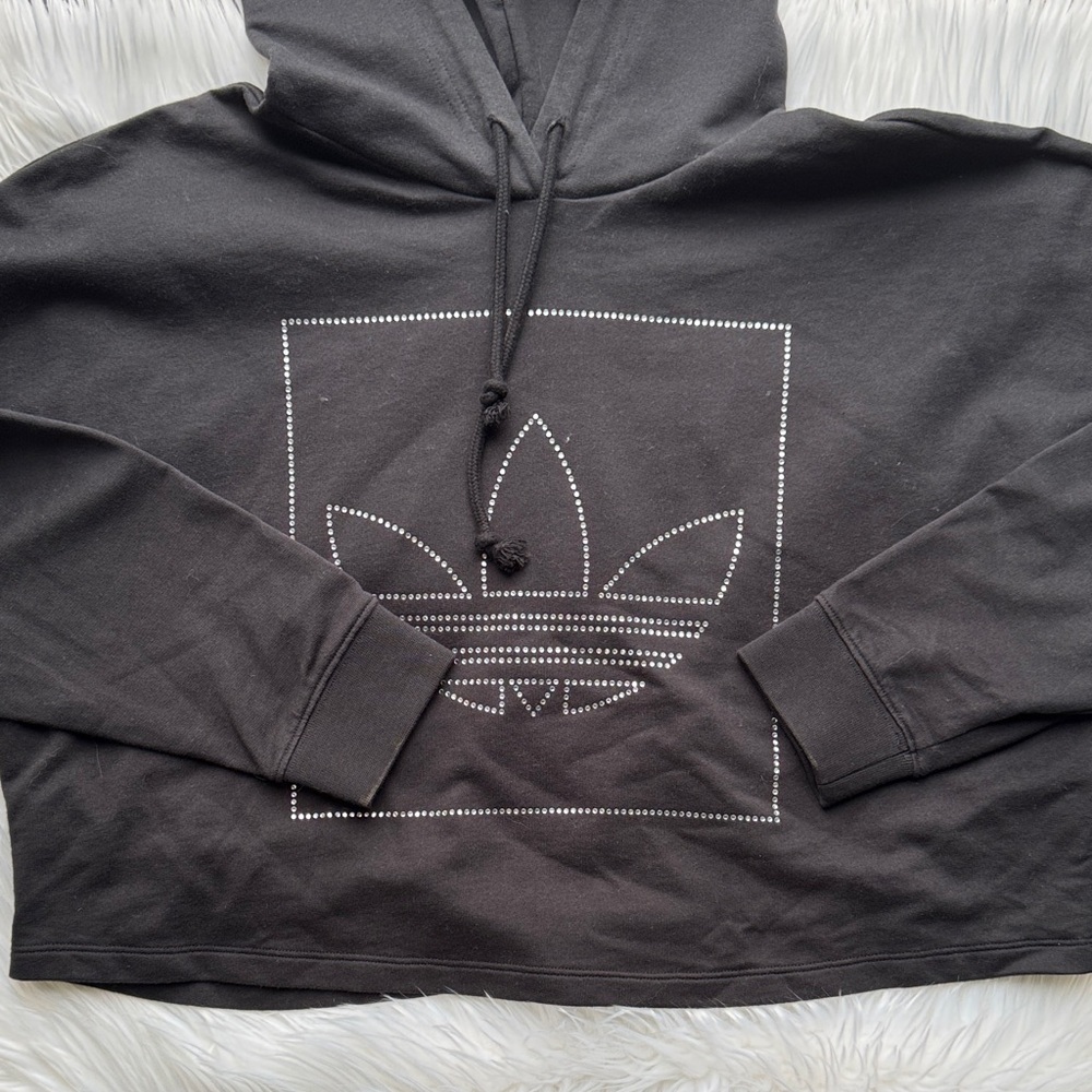 Adidas Rhinestone Embellished Black Cropped Hoodie Sweatshirt